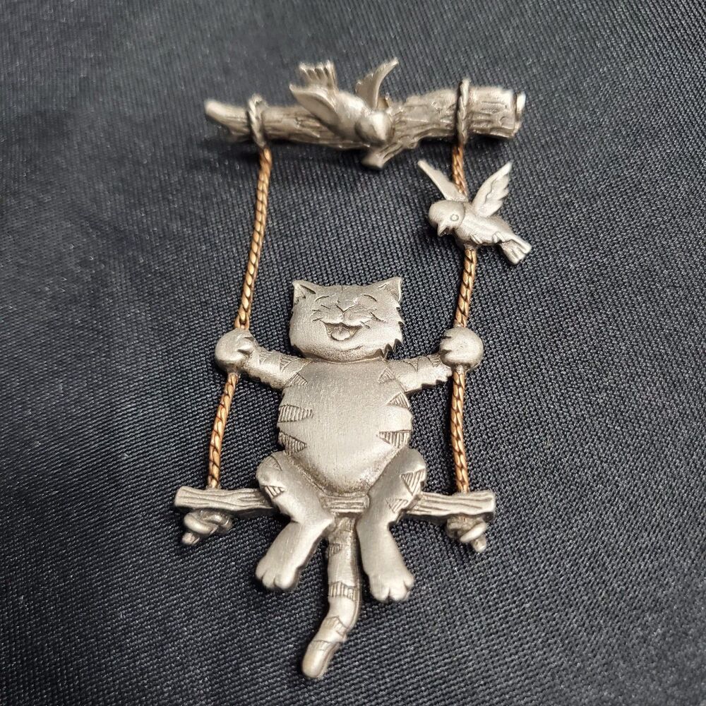JJ PIN Vintage CAT on SWING with Birds PEWTER & BRASS Movement Brooch